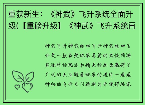 重获新生：《神武》飞升系统全面升级(【重磅升级】《神武》飞升系统再进化，揭秘全新优化与精华升级)